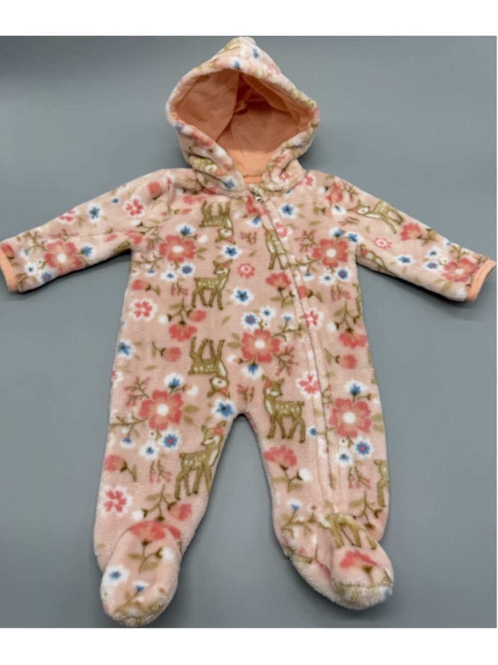 Little Beginnings Pink Floral Deer 0-3 Months Fleece Hooded Footed One-Piece